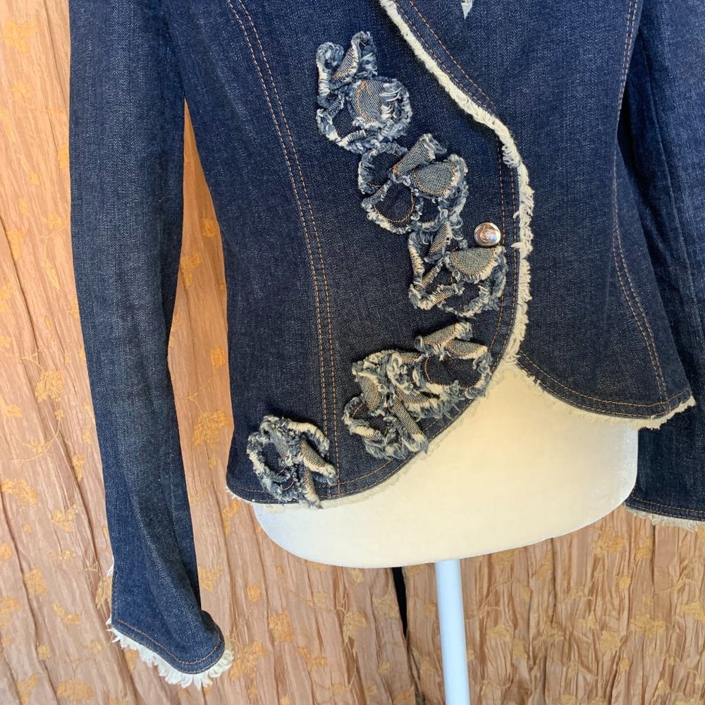 ESCADA Vintage DENIM JACKET WITH GATHERED FLORAL APPLIQUE EUC - Picture 4 of 6